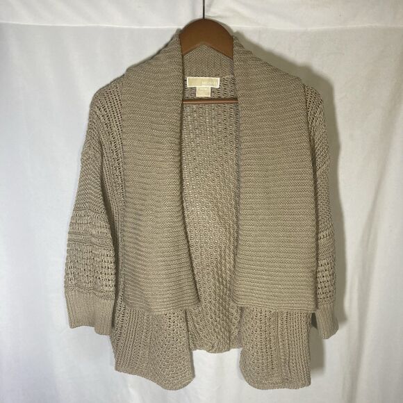 MICHAEL MICHAEL KORS brown wide collar 3/4 sleeve open front cardigan sweater M - Picture 1 of 12